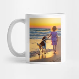 child picking flowers with a dog. Mug